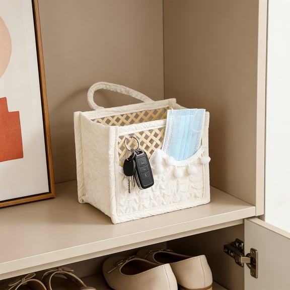 Woven Fabric Storage Basket, 6.3 Inch Cloth Organizer Bin with Handles, Foldable Household Container for Wardrobe Clothing and Snacks Home Organization, 1 Piece