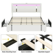 Homfa King Size LED Bed Frame with 2 Storage Drawers & USB Ports, Modern Leather Upholstered Platform Bed Frame with Adjustable Headboard, No Box Spring Needed, White