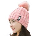 thumbnail image 2 of Naierhg Beanie Women Hat Solid Color Fluffy Ball Stretch Thicken Fleece Lined Autumn Winter Coldproof Fashion Labeling Beanie Hat Daily WearPink, 2 of 8