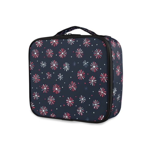 FORMRS Travel Makeup Bag Large Capacity Train Case Cosmetic Organizer with Adjustable Dividers, Red Fireworks Pattern
