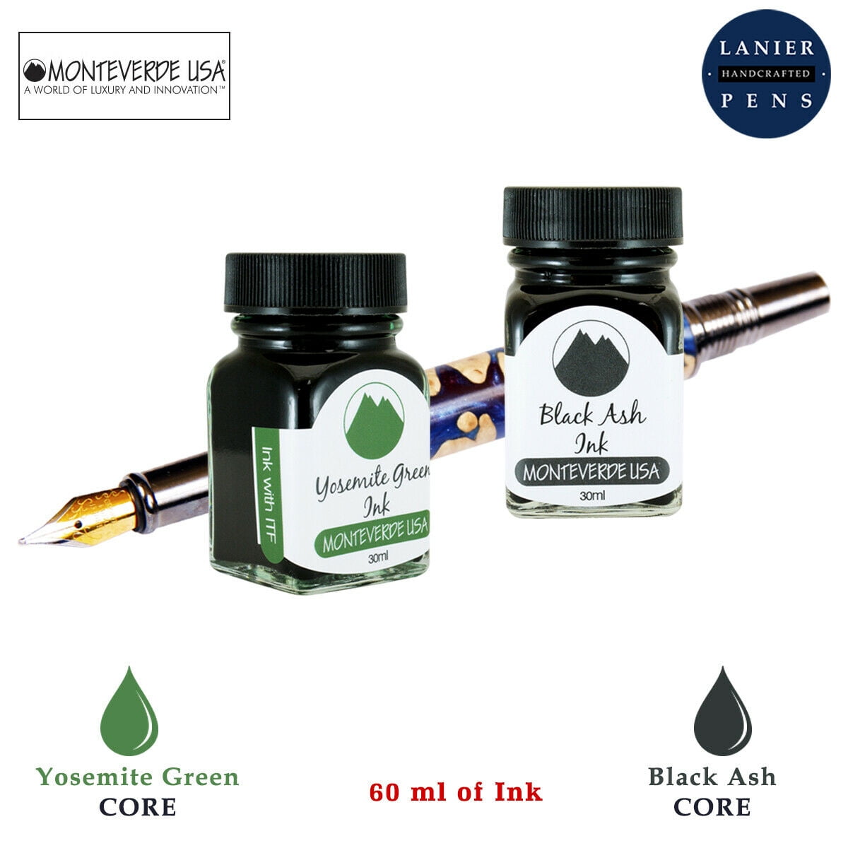 Monteverde 60ml Core Fountain Pen Ink Bottle (30ml Yosemite Green Ink Bottle G309YG, 30ml Black Ash Ink Bottle G309BA)