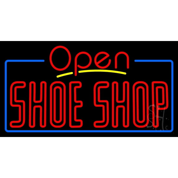 Red Double Stroke Shoe Shop Open LED Neon Sign 20 x 37 - inches, Black Square Cut Acrylic Backing, with Dimmer - Bright and Premium built indoor LED Neon Sign for store interior Décor, Storefront.