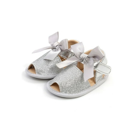 

Ritualay Infant Flat Sandal First Walkers Sandals Soft Sole Crib Shoes Lightweight Comfortable Princess Dress Shoe Birthday Wedding Bowknot Silver 5C