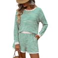 thumbnail image 2 of 2 Piece Sets for Women Summer Cute Stripe Long Sleeve Knit T Shirts Shorts Matching Lounge Set Green S, 2 of 8