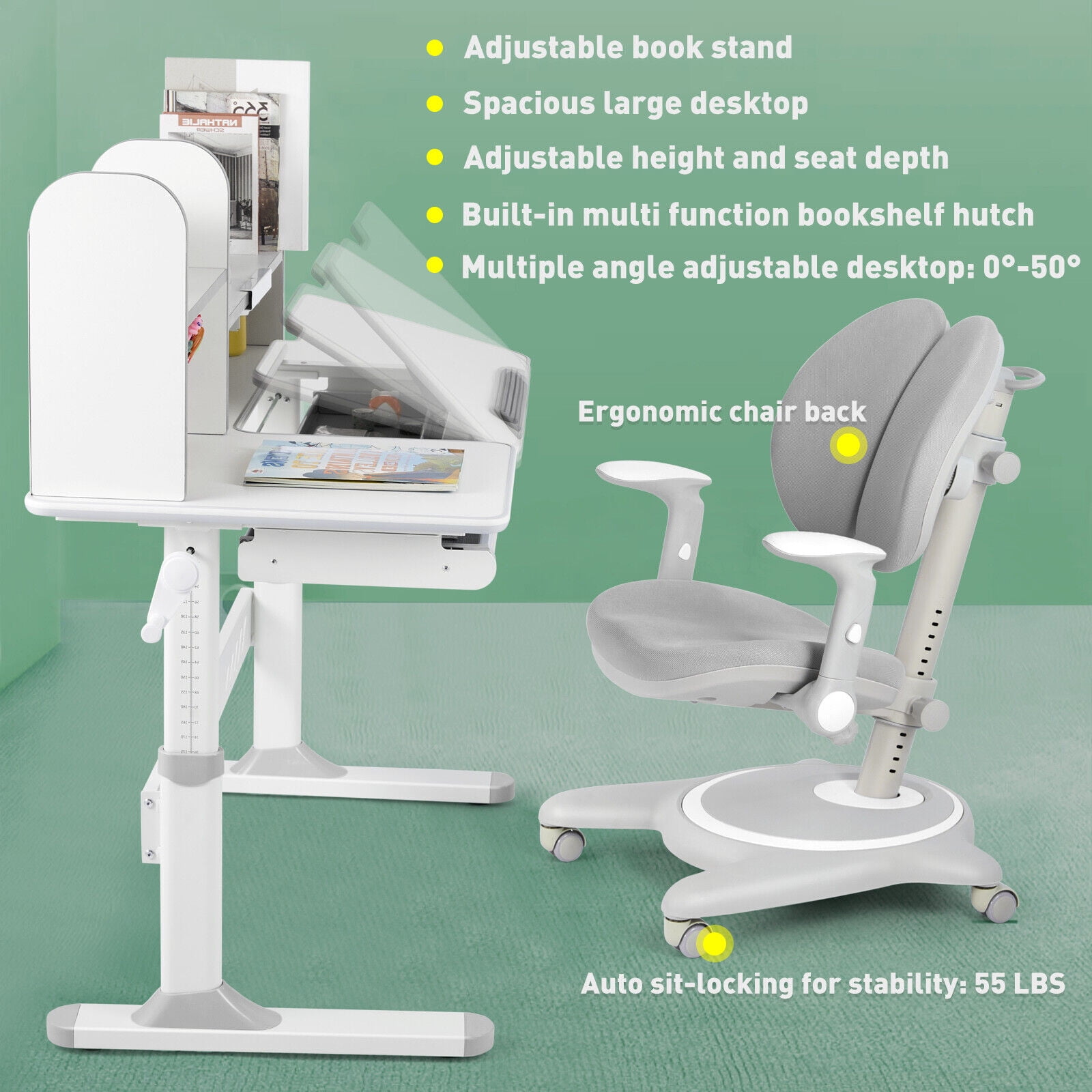 COSVALVE Adjustable Kids Desk and Chair Set with Hutch, Multifunction Ergonomic Study Table Chair with 2 Storage Drawers, Tilt Desktop, Height Adjust (Gray)