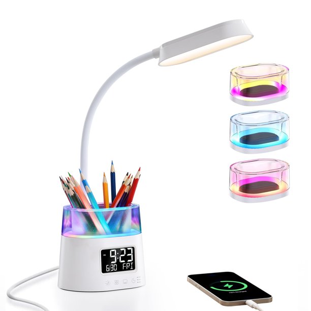Lámpara de escritorio LED WILIT con soporte para bolígrafos, puerto de carga USB y reloj