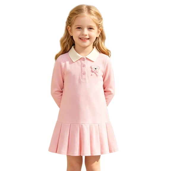SUYIDA Girls Cute Bear Applique Dress, Long Sleeve Solid Color Party Dress, Everyday Wear for Little Fashionistas