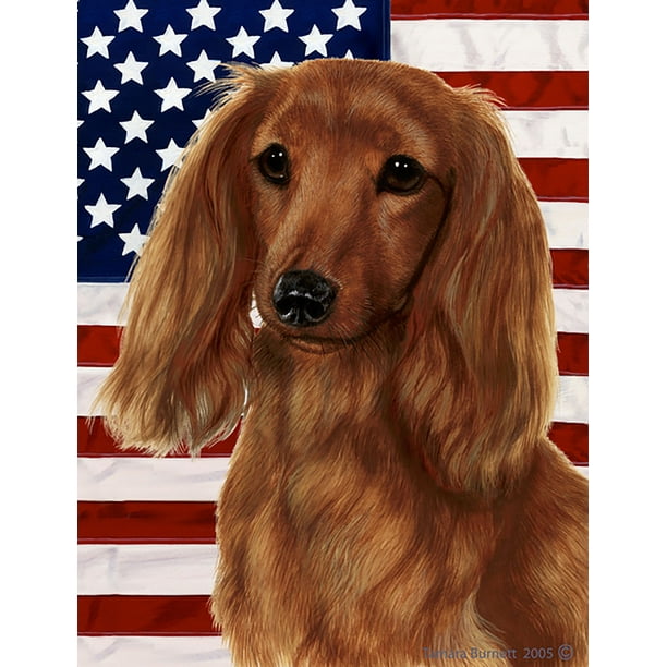 Dachshund Longhaired Red - Best of Breed Patriotic II Garden Flags
