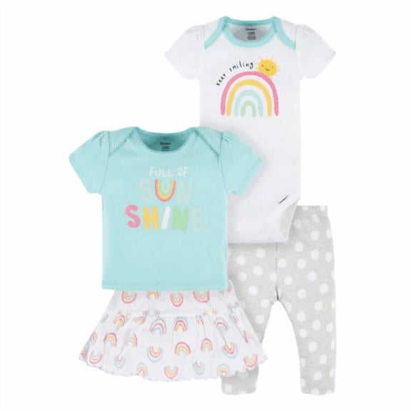 Set Gerber 1 Pañalero, 1 Playera, 1 Pantalón y 1 Falda Niña Talla 0-3M