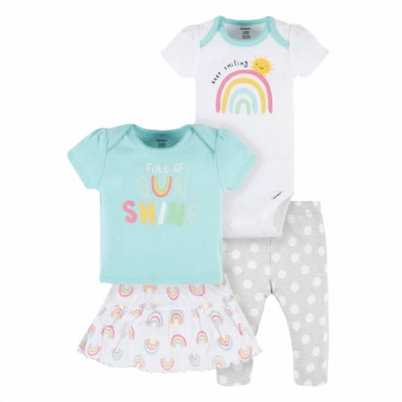 Set Gerber 1 Pañalero, 1 Playera, 1 Pantalón y 1 Falda Niña Talla 0-3M