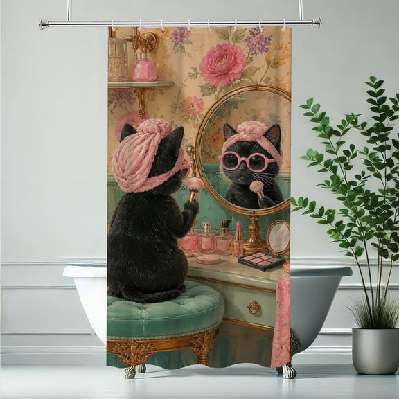 RKSupls Black Cat Makeup Mirror Polyester Shower Curtain with Hooks for Chic Elegant Waterproof Shower Curtain Home Bathtub Bathroom Decor