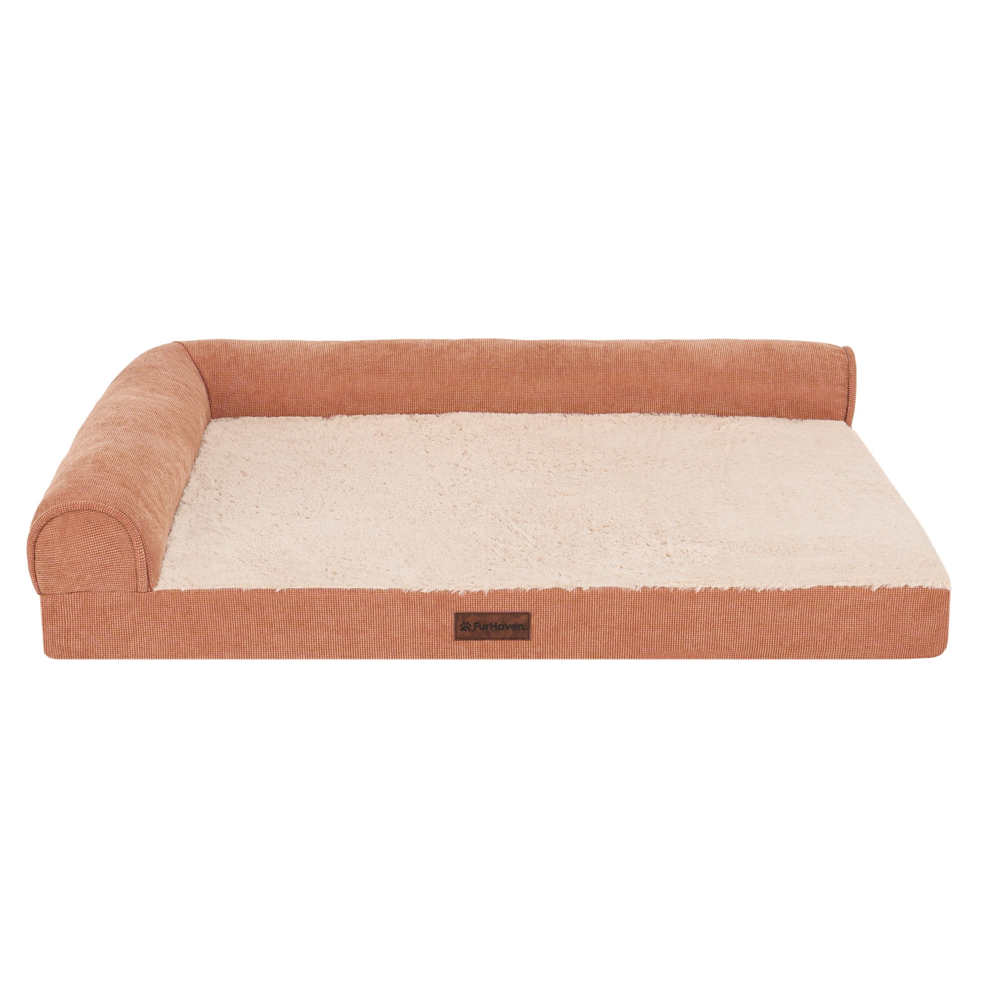 Plush & Grid Cord Orthopedic Deluxe L-Chaise Pet Bed for Dogs and Cats - Copper, Large