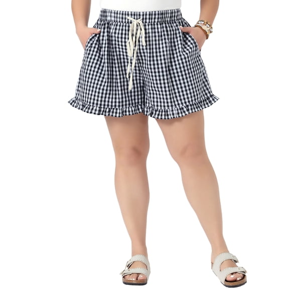 Agnes Orinda Women's Plus Size Boxer Shorts Ruffle Shorts Elastic Waist Drawstring Summer Casual Lounge Cute Short with Pocket 1X Black