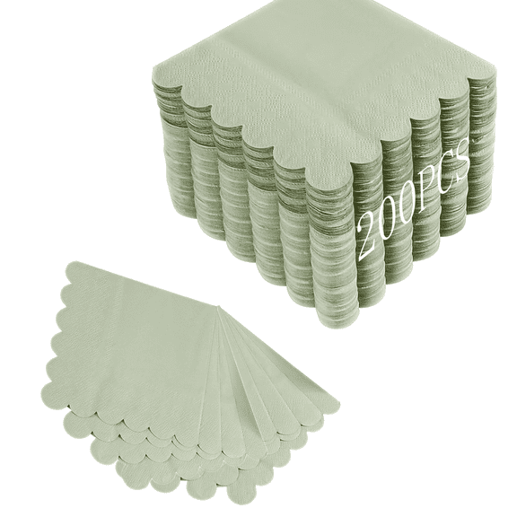 200 Pack Cocktail Napkin 2-Ply Scalloped Edged Dessert Napkins Folded 5 x 5 Inches Disposable Napkins for Dinner Wedding Birthday Party Bridal Anniversary Reception Event (Sage Green)
