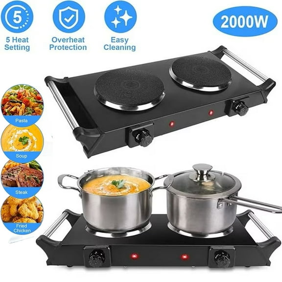 Double Countertop Burner, 2000W Electric Hot Plate and Stove with 5 Temperature Controls, Portable Lightweight Burner Cooktop for Cooking, Dorms, Apartments, RV, Compatible Cookware, Black