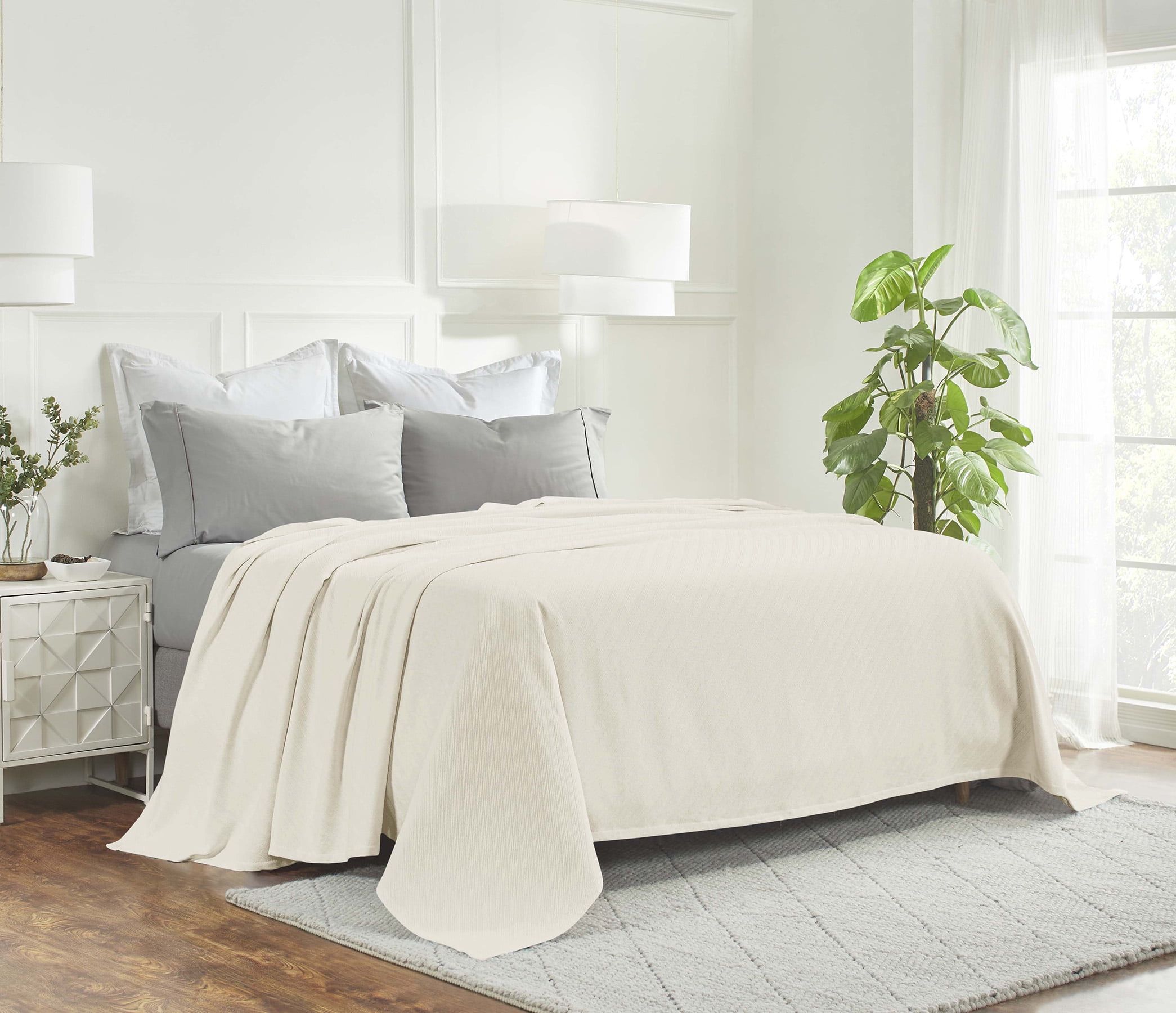 Superior Milan Cotton Textured Striped Woven Blanket, California King, Ivory