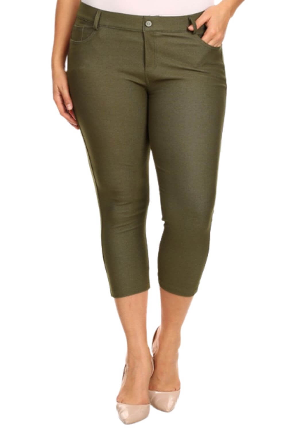 Women's Ultra Soft Classic 5 Pocket Bermuda Shorts / Capris / Full Length Jeggings, Capri, Army