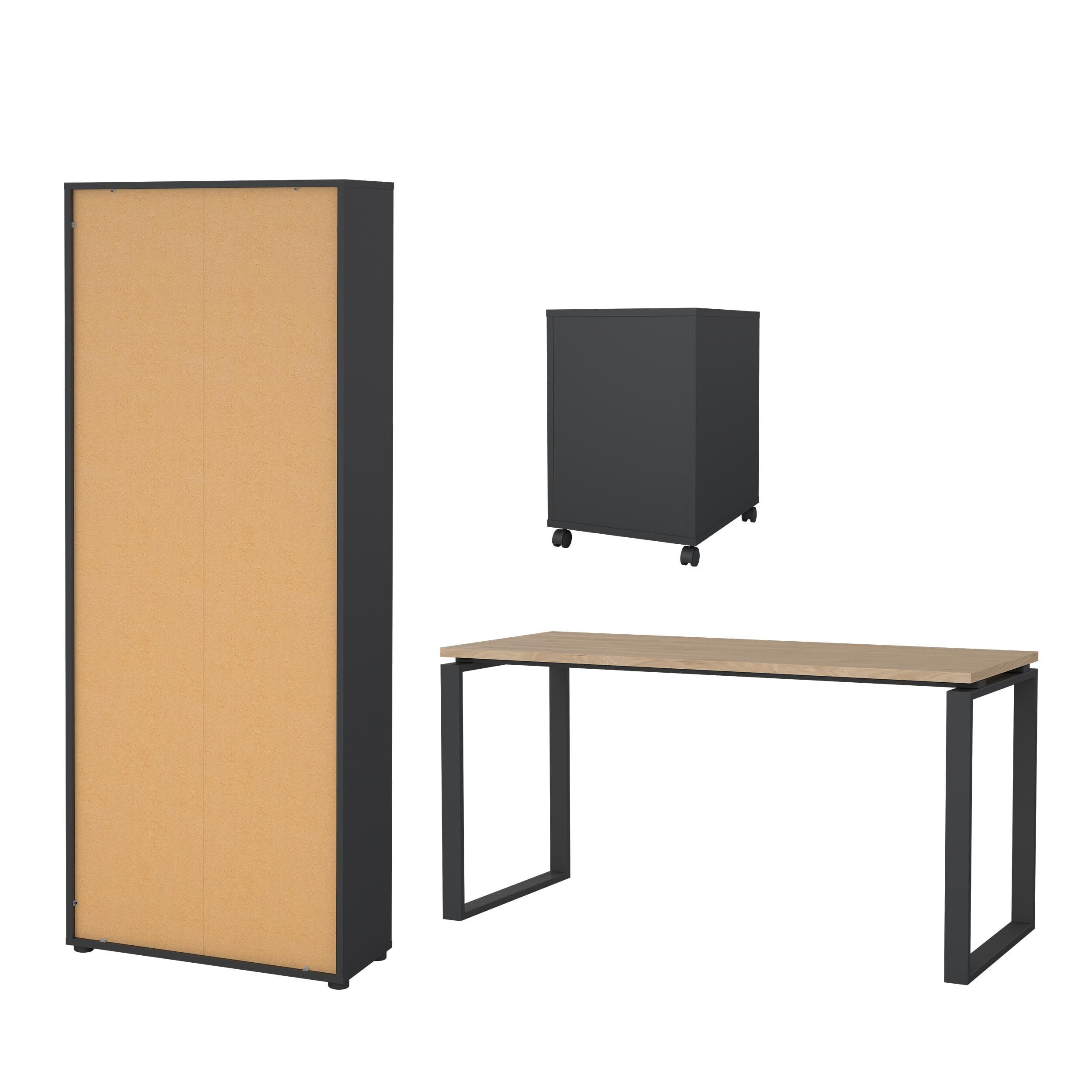 Tvilum Sign 3-Piece Home Office Set with Desk, Storage Bookcase and Mobile Storage, Matte Grey and Jackson Hickory