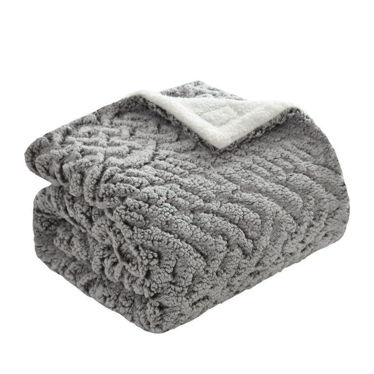 Dearfoams Grey Embossed Sherpa with Solid Sherpa Reverse Throw, POLYESTER, 50 in x 60 in, Size: 50 x 60