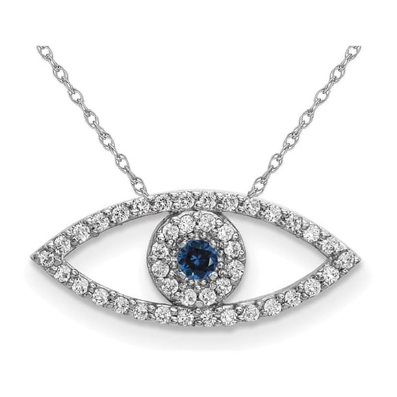 1/20 Carat (ctw) Natural Blue Sapphire Evil Eye Pendant Necklace in 14K White Gold with Diamonds and Chain
