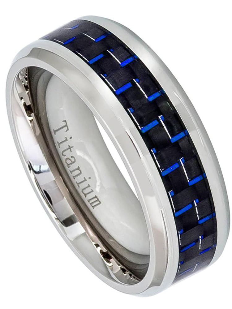 Blue Color Inlay Titanium Wedding Band,Titanium Wedding Ring,Blue Inlay Beveled Edges,Epoxy,Comfort Fit,Engagement Ring,Anniversary,8mm