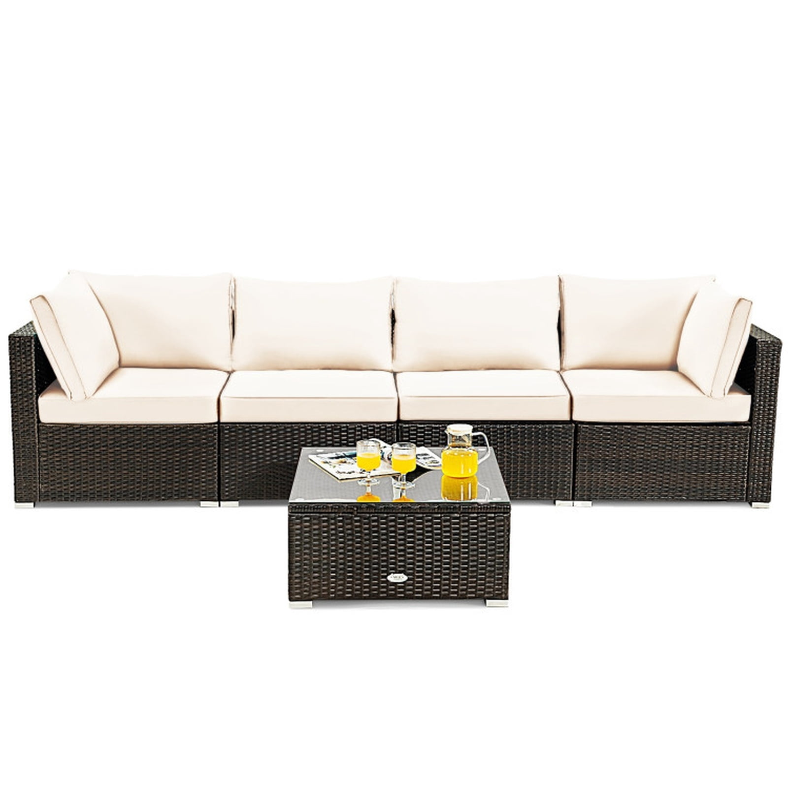 Biotree Patio Furniture Set 5 Pieces Cushioned Rattan Outdoor Sectional Conversation Set with Glass Coffee Table for Garden Backyard Porch, White