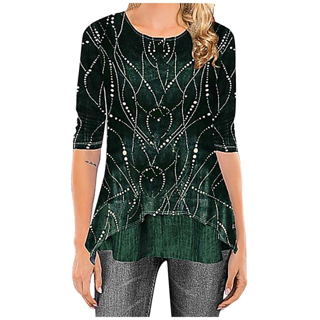 Leutsin Blouse Femme Col Rond Manches Mi-Longues Imprimé Grande Taille