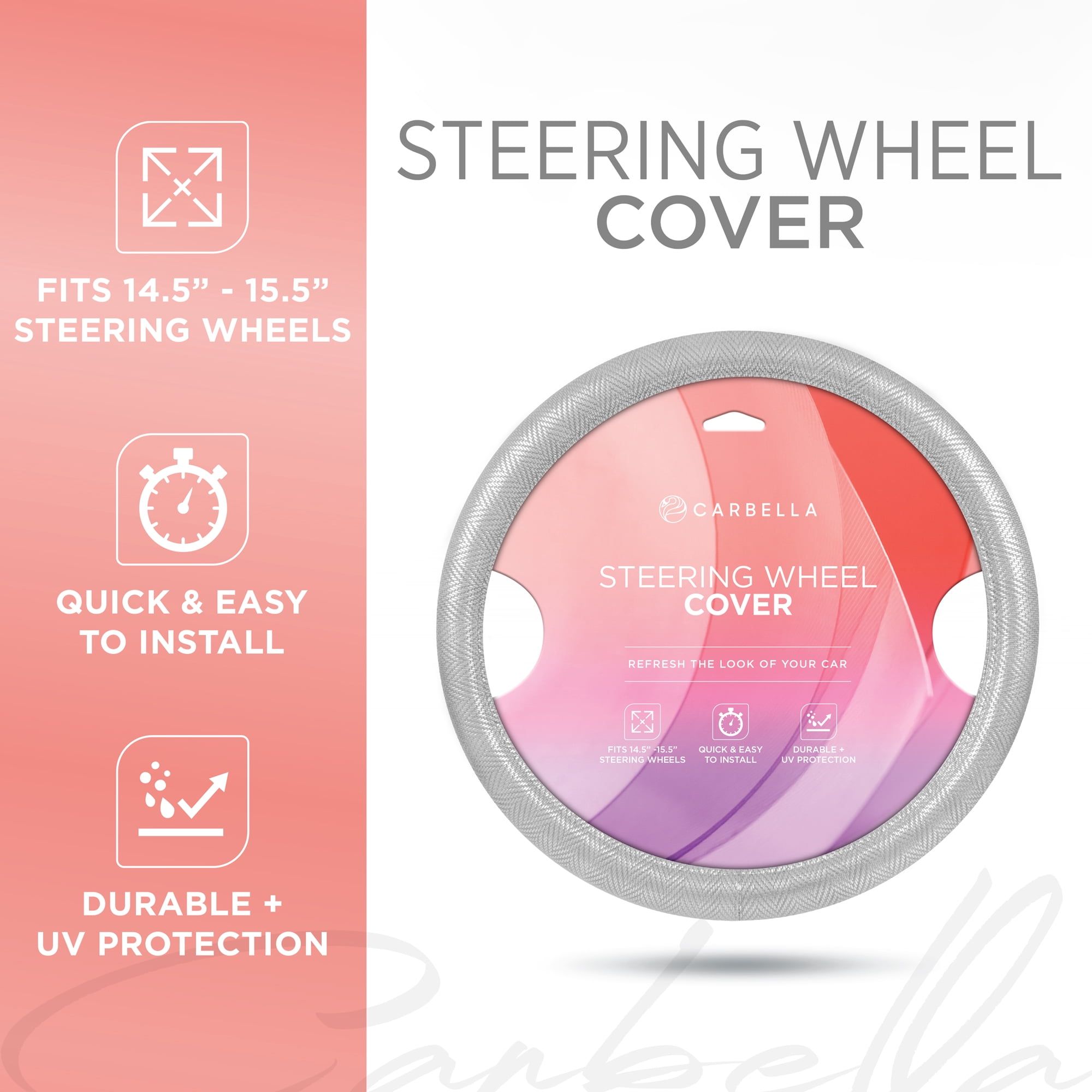 Silver Steering Wheel Cover, Standard 15 Inch Size Fits Most Vehicles, Cute Shiny Bling Car Steering Wheel Cover with Herringbone Detail, Car Accessories for Women