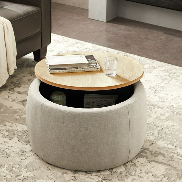 Storage Cube Organizer End Table, Round Tray For Ottoman Coffee Table