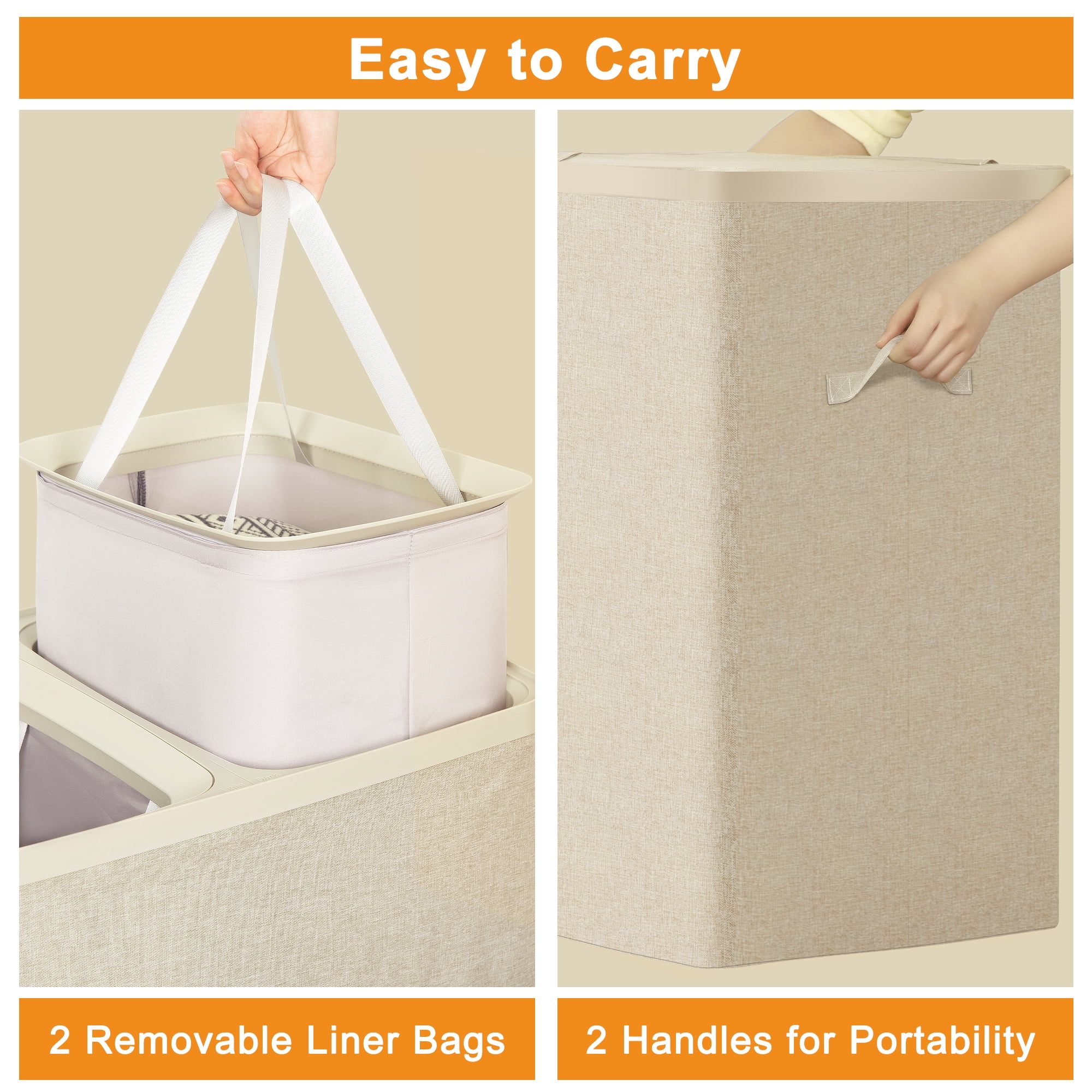 BGTREND 150L Double Laundry Hamper with Lid, 2 Removable Washing Bags with Handles, Large Clothes Sorter for Easy Separation (Beige)