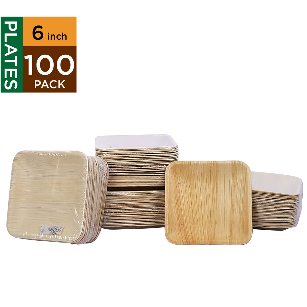 Raj Disposable Palm Leaf Plates (100 Count, 6" Square Plates) Bamboo