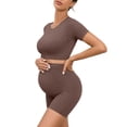 thumbnail image 3 of Tqyyweavej Maternity 2 Piece Outfit Quick Dry Short Sleeve Crewneck Yoga Tops and Over The Belly Solid Color Ribbed Workout Shorts, 3 of 7