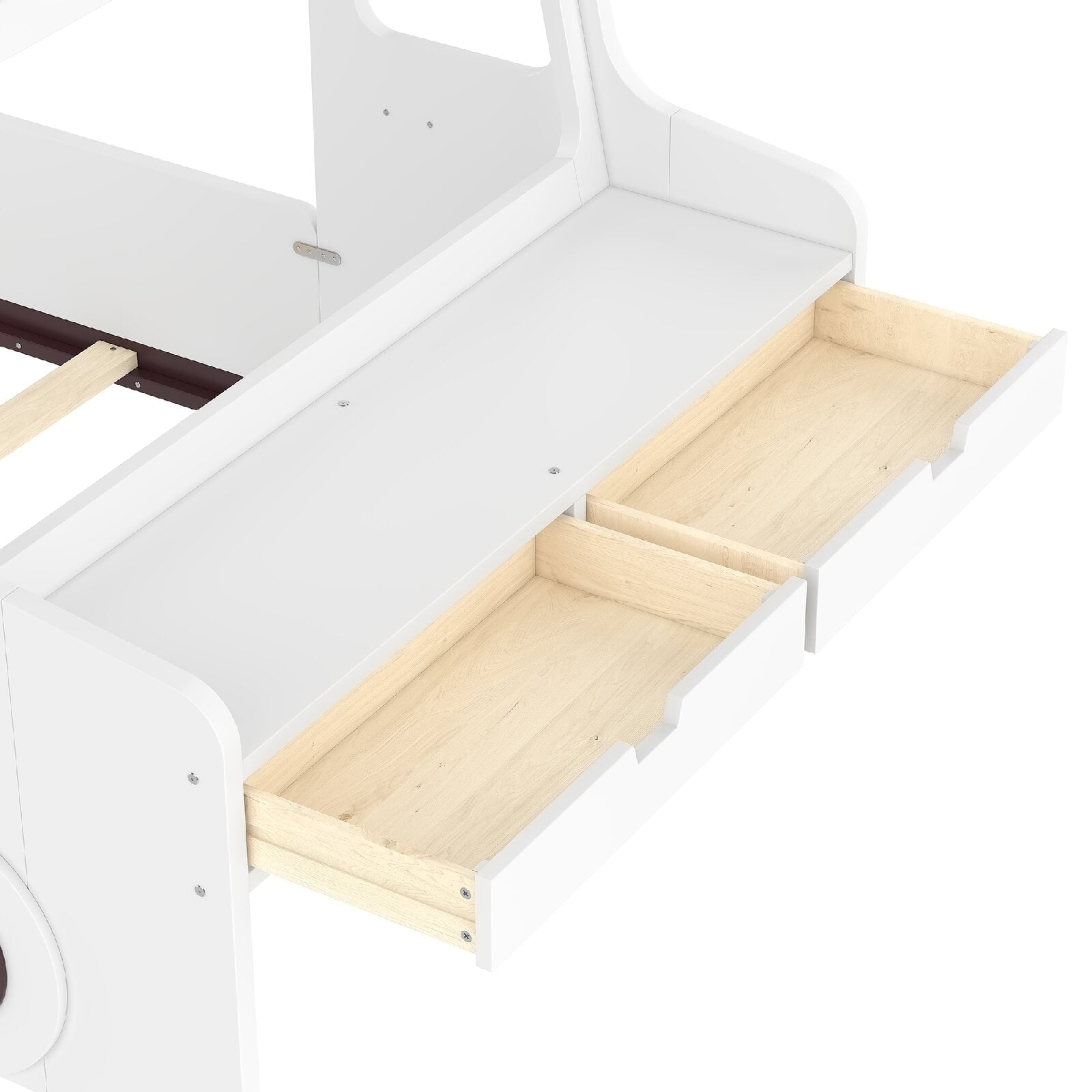 Twin Size Floor Bed Frame with Interesting Car-shape Design and Build-in Desk, Car Floor Bed with Storage Drawers and Small Window for Bedroom, Apartment, Easy Assembly, Mattress Not Included, White