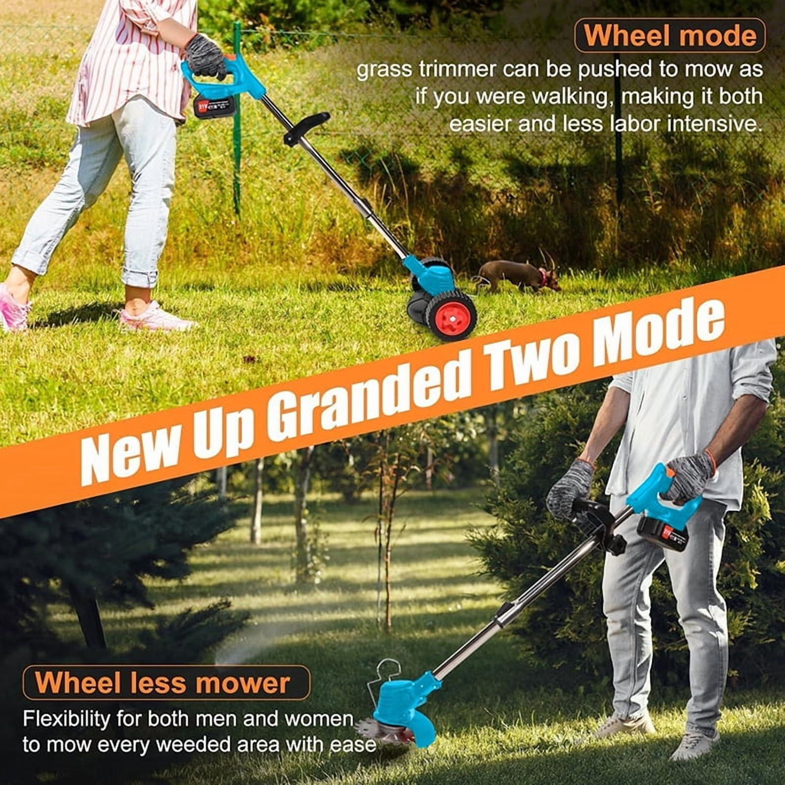 Weed Wacker Cordless Adjustable Weed Eaters wheel mower3 in 1 Electric String Trimmer Lawn with Two Battery with Charger Comes with Multiple Blades for Yard,Green,Garden gifts for Dad