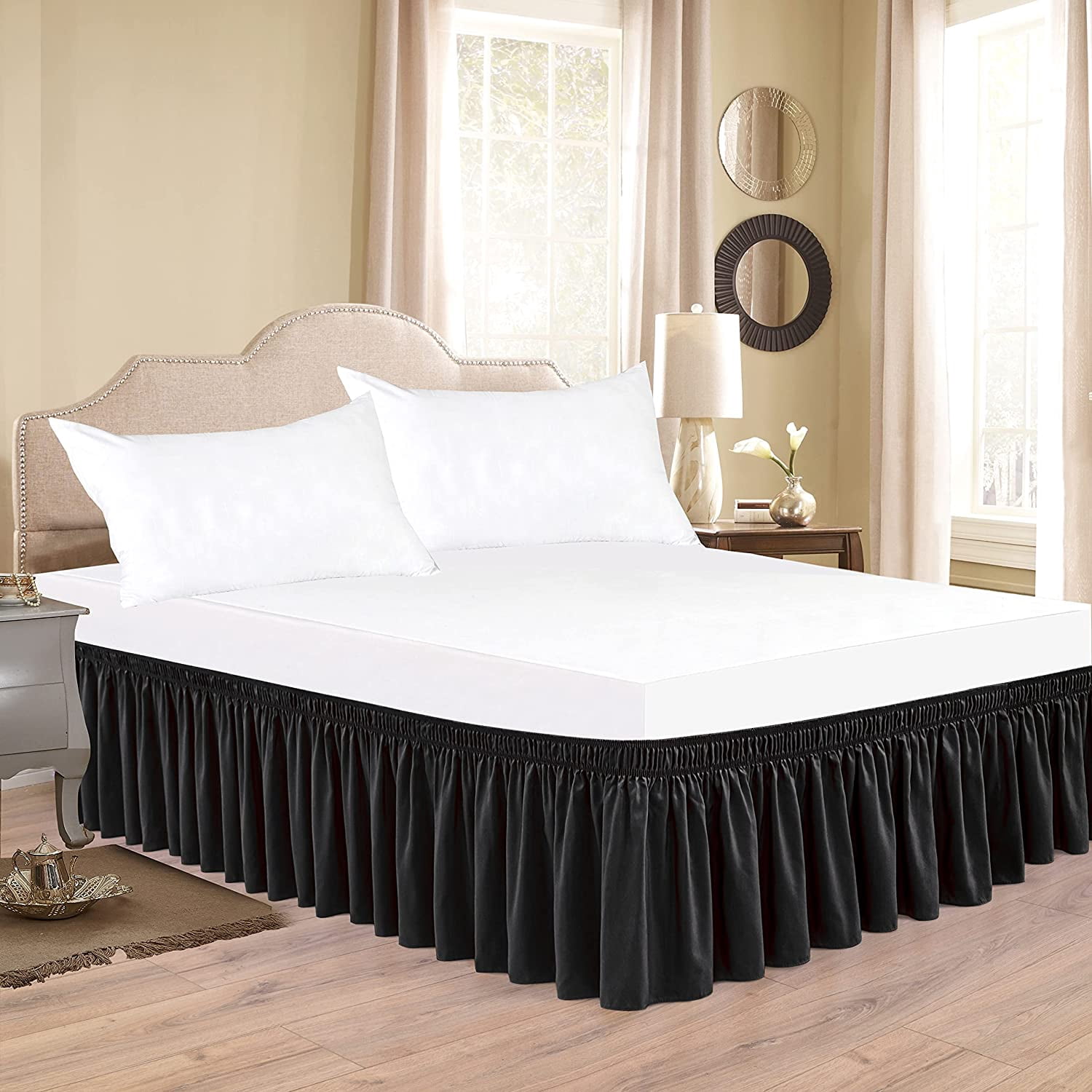 Wrap Around Bed Skirts 12" Drop, Fully Elastic Dust Ruffle, Soft and Luxury, Fade Resistant, Machine Washable Luxurious Fabric, Twin XXL Size - Black Solid.