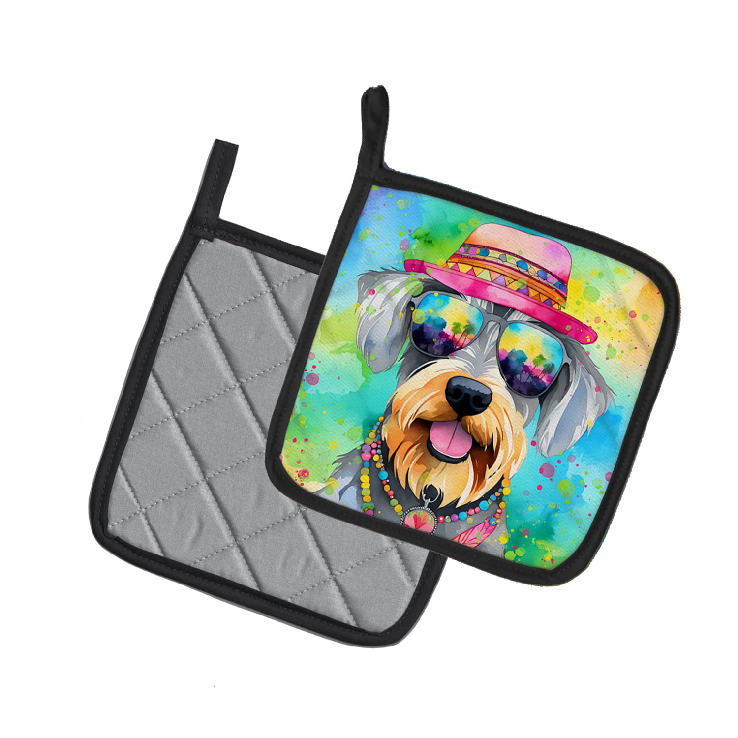 Schnauzer Hippie Dawg Pair of Pot Holders 7.5 in x 7.5 in