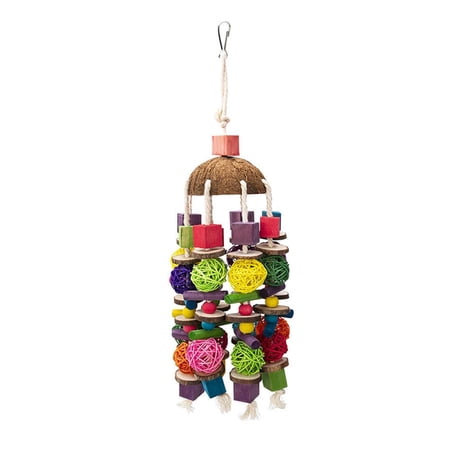 Pet Parrot Toys Wood Blocks Bite Resistant Multicolored Rattan Ball Bird Nest Hanging Toys Bird Chewing Toy for Lovebird, Cockatiels, Macaws