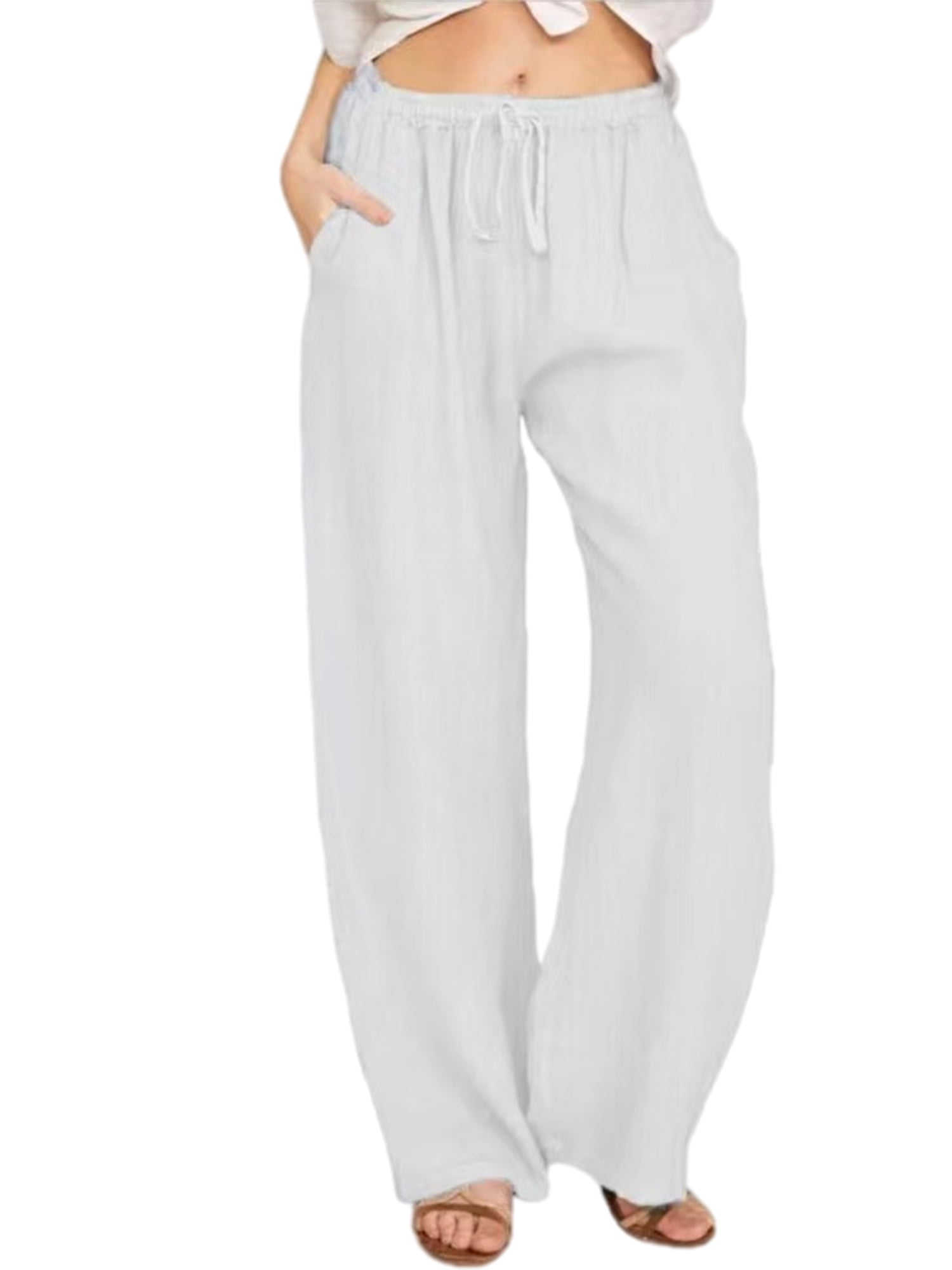 Niuer Summer Loose Cotton Linen Pants for Women Baggy Wide Leg Sweatpants Ladies  Vintage Drawstring Beach Pants With Pockets - Walmart.com
