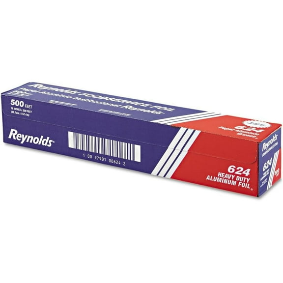 Reynolds 624 Heavy Duty Aluminum Foil Roll, 18" Width x 500' Length, Silver, 1-Roll Per Case