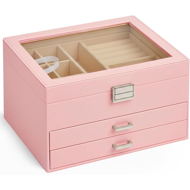 Caja de Joyas, Joyero con Cajones, Cubierta de Vidrio Visible, para Anillos, Pendientes, Collares y Pulseras, para Viajes y Hogar, Regalo para Mujeres (Rosa)
