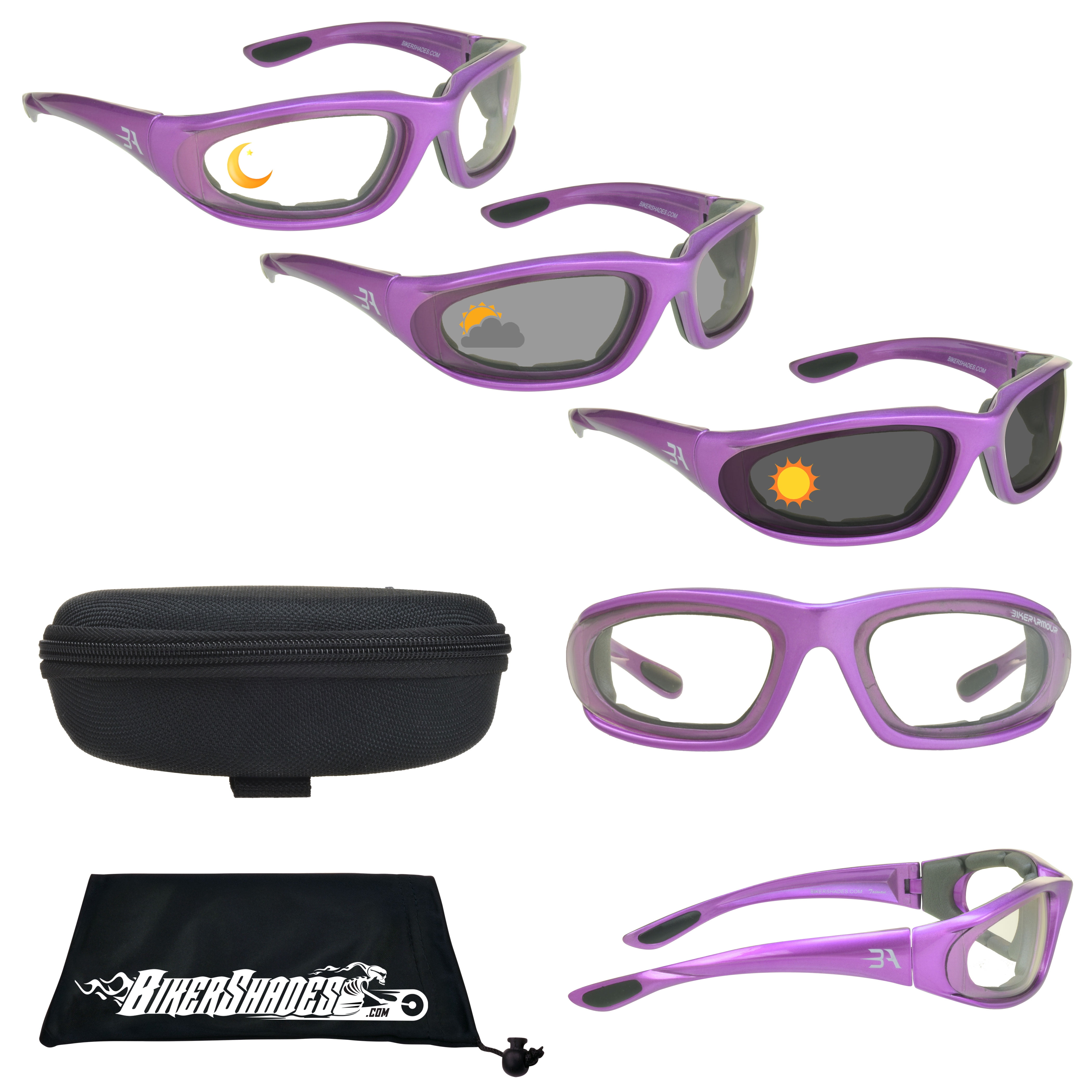 Teens and Girls Pink Frame Motorcycle Transitional Biker Glasses for Women Free Zipper Hard Case. 