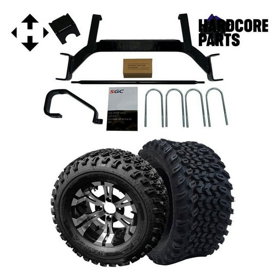 Hardcore Parts 6" Drop Axle Lift Kit for EZGO TXT/PDS (2001.5-2008) Gas Golf Cart with 12" Machined/Black ‘VAMPIRE’ Wheels and 23"x10.5"-12" All-Terrain tires