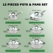 Cook N Home Basics Stainless Steel Cookware Sets, Pots and Pans Set with Stay-Cool Handle, Induction Compatible, Dishwasher and Oven Safe, 12-Piece