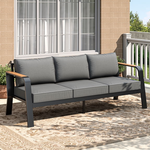 Outdoor Aluminum Patio Furniture 1 Pcs 3-Seat Outdoor Furniture All-Weather Metal Modern Outside Sofa with Washable Thick Cushion for Garden, Balcony, Deck, Backyard, Dark Grey