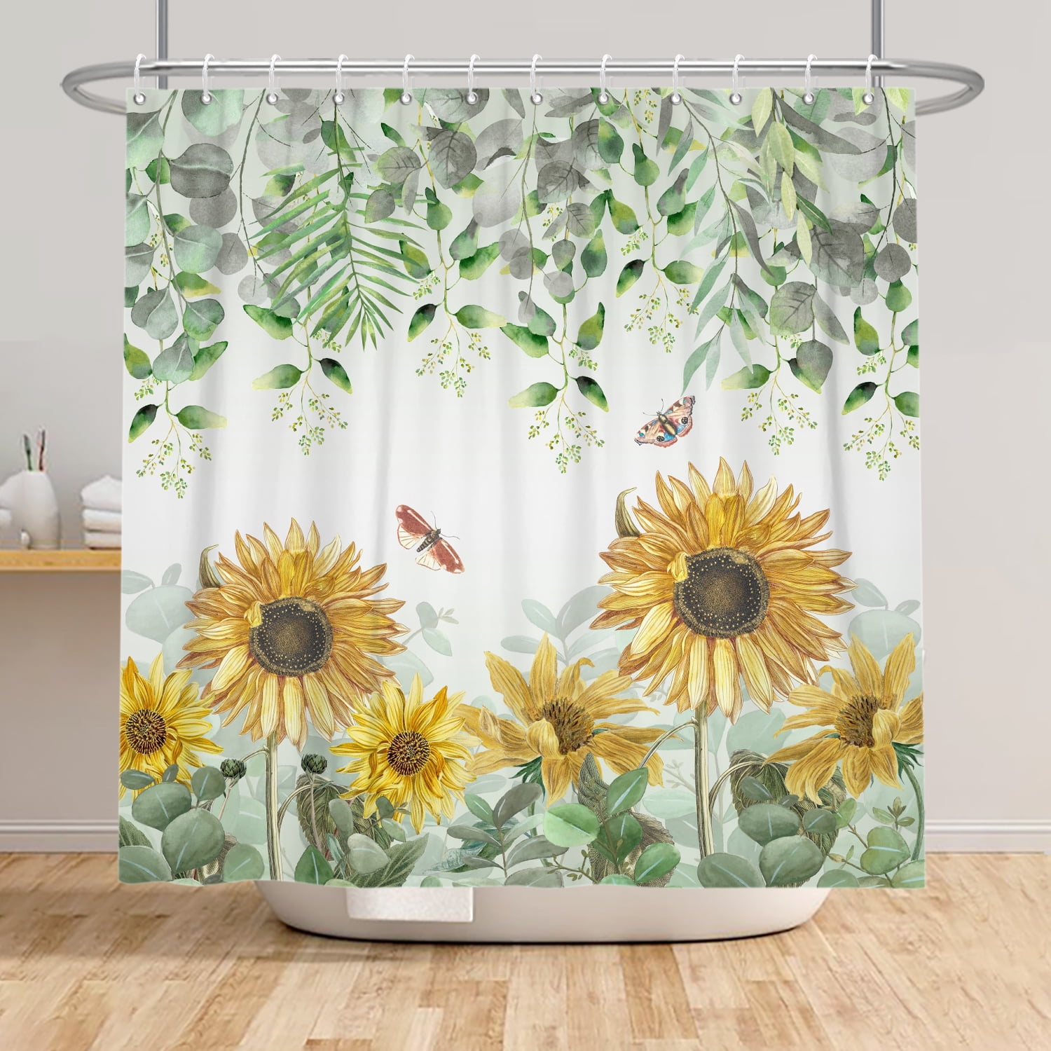 Spring Sunflower Shower Curtain,Green Leaves Waterproof Fabric Bathroom Curtain with Hooks,72x78 in