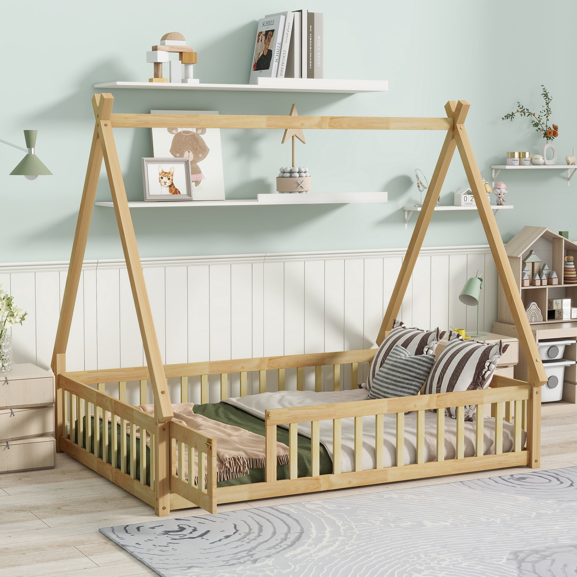 Sailvan Full Size Rubber Wood Tent-shaped Floor Bed,with Guardrails,Slats and Door