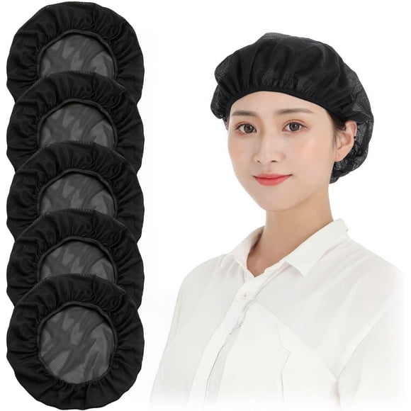 MANJIAMEI Casquettes de Serveur Chef en Maille 5 Pcs Chapeaux Élastiques Unisexes pour Serveuse de Restauration Restaurant Cuisine Chapeaux de Cuisine Atelier Filet à Cheveux, Noir