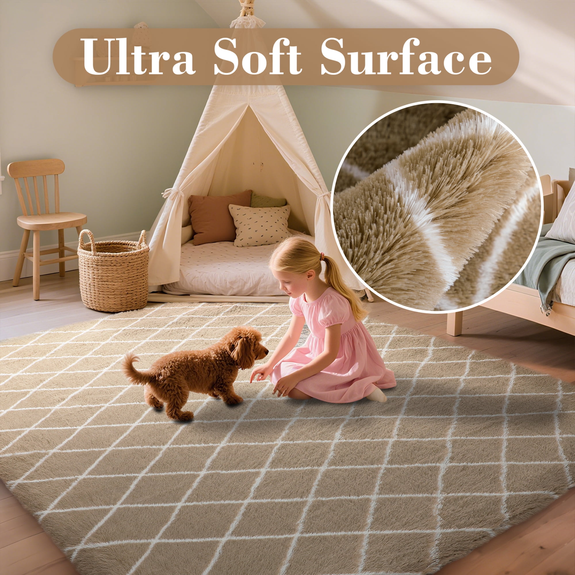 CozyDesg Shag Area Rugs,4'x6' Soft Fluffy Shaggy Carpet for Living Room,Large Rug for Bedroom Dining Room Home Decor Room Decor,Beige & White