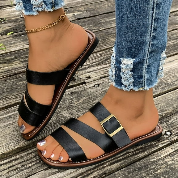 Mqqzkk Women's Open Toe Slip On Flat Sandals Slide Three Straps Slip On Flat Sandals Casual Summer Sandals