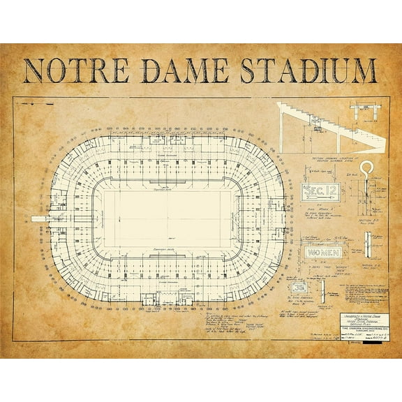 1929 Notre Dame Stadium 11x14 Unframed Poster - Blueprint Wall Art, Historic Architectural Print, Football Stadium Design for University of Notre Dame, Sports Memorabilia, Man Cave & Sports Bar Décor
